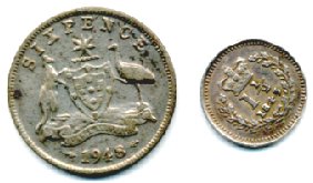 Sixpence and Three halfpence coins