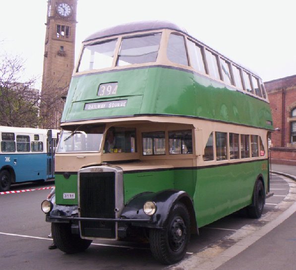 Leyland OPD2 double‑decker bus in grean and cream livery, Route 394 that ran from Central Stateion to La Perouse