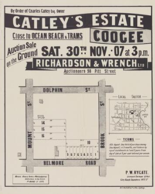 Subdivision Sale Map for Catley's Estate, Coogee 1907