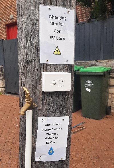 prank EV hydraulic charging station in Alfreda Street, Coogee