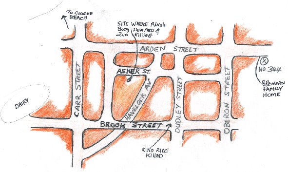 Map of parts of Coogee showing where events in Jon Cleary's novel 'Just Let Me be'  happened