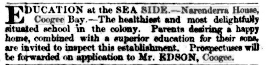 Advertisement for Edson's School at Narendra House, Coogee