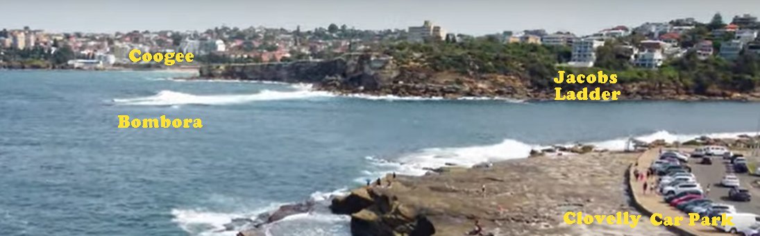 Aerial view of Gordons Bay looking south. The Bombora and Jacobs Ladder are marked