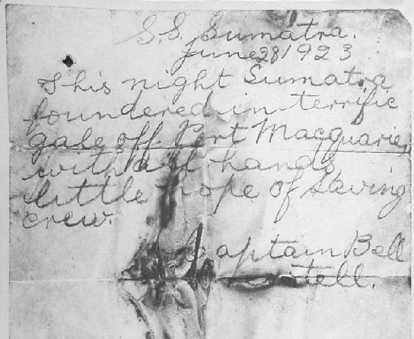 Message in a bottle from the Sumatra found in 1924